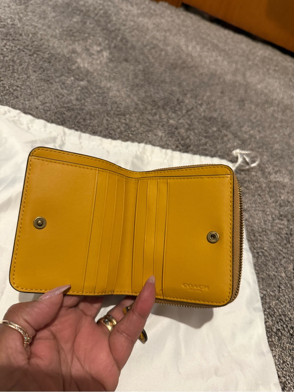 Coach Mustard Leather Compact Wallet with Gold 'C' Accent - Picture 3 of 5